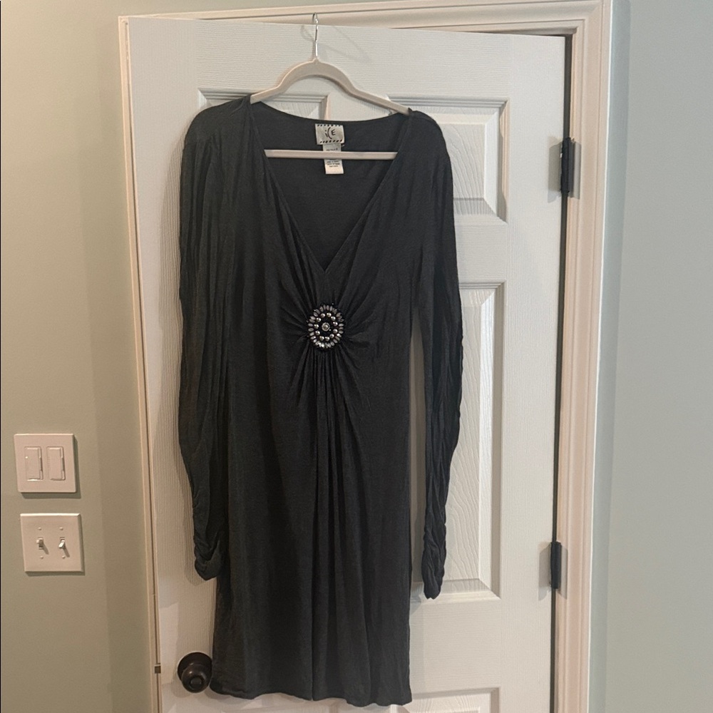 Ice Black Long Sleeve V-Neck Dress with Jeweled Accent